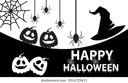 Happy Halloween banner or party invitation background with bats and pumpkins in paper cut style. Full moon in orange sky, spiders web and witch cauldron. Place for text. Vector illustration. EPS 10