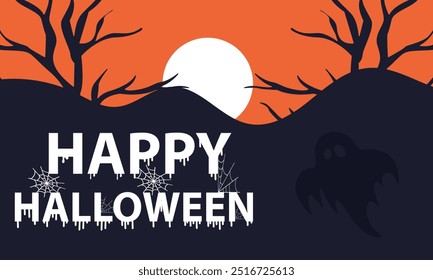 Happy Halloween banner or party invitation background with bats and pumpkins in paper cut style. Full moon in orange sky, spiders web and witch cauldron. Place for text. Vector illustration. EPS 10