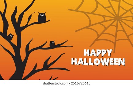 Happy Halloween banner or party invitation background with bats and pumpkins in paper cut style. Full moon in orange sky, spiders web and witch cauldron. Place for text. Vector illustration. EPS 10