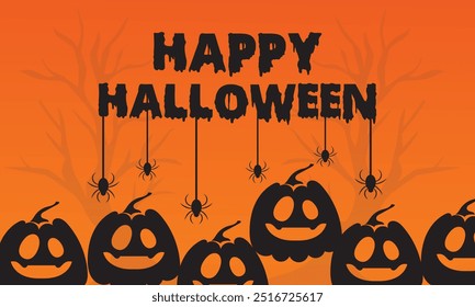 Happy Halloween banner or party invitation background with bats and pumpkins in paper cut style. Full moon in orange sky, spiders web and witch cauldron. Place for text. Vector illustration. EPS 10