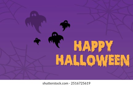 Happy Halloween banner or party invitation background with bats and pumpkins in paper cut style. Full moon in orange sky, spiders web and witch cauldron. Place for text. Vector illustration. EPS 10