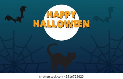 Happy Halloween banner or party invitation background with bats and pumpkins in paper cut style. Full moon in orange sky, spiders web and witch cauldron. Place for text. Vector illustration. EPS 10