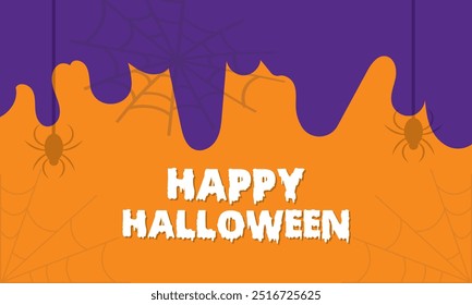 Happy Halloween banner or party invitation background with bats and pumpkins in paper cut style. Full moon in orange sky, spiders web and witch cauldron. Place for text. Vector illustration. EPS 10