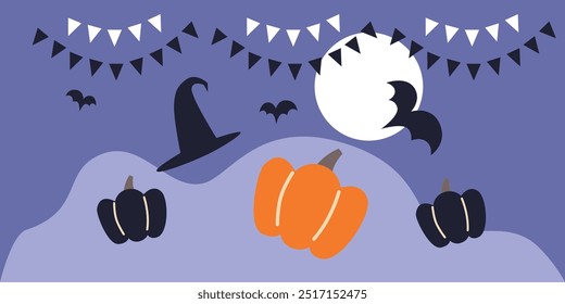 Happy Halloween banner or party invitation background with moon, bats and pumpkins in paper flat style. Cartoon illustration. Place for text	