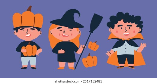 Happy Halloween banner or party invitation background with moon, bats and pumpkins in paper flat style. Cartoon illustration. Place for text	