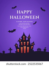 Happy Halloween banner or party invitation card background including pumpkin ghost, castel, flying bat. Spooky halloween theme invitation card design. Eps10 vector.