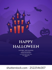 Happy Halloween banner or party invitation card background including pumpkin ghost, castel, flying bat. Spooky halloween theme poster design. Eps10 vector.