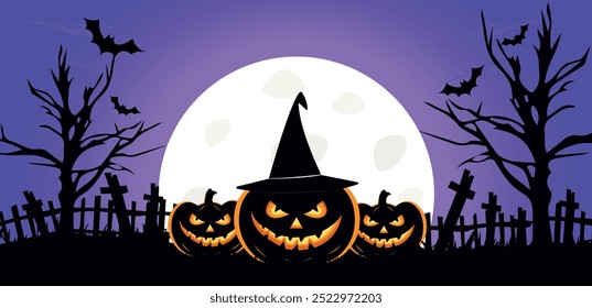 Happy Halloween banner or party invitation background with scary Halloween background place for text, Halloween night spooky background with pumpkins and flying bats. vector