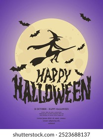 Happy Halloween banner or party invitation card background including witch, full moon, flying bat. Spooky halloween theme poster design. Eps10 vector.