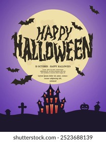 Fondo feliz de la tarjeta de la invitación del Anuncio o del partido de Halloween que incluye el castillo, la luna llena, el murciélago volador. Espeluznante diseño de póster de tema de halloween. Vector Eps10.