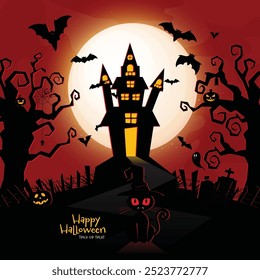 Happy halloween banner or party invitation background with violet fog clouds, ghost and pumpkins