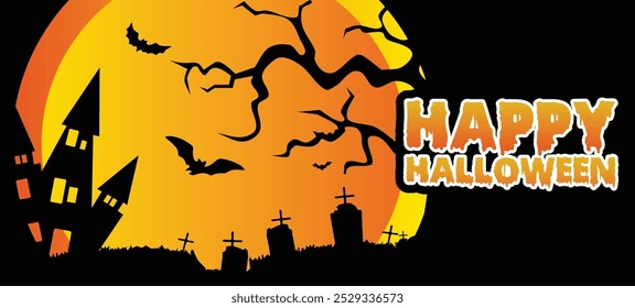 Happy halloween banner or party invitation background with violet fog clouds, ghost and pumpkins