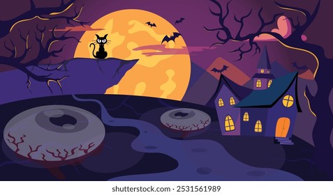 Happy Halloween banner or party invitation, Halloween background with pumpkins and haunted house