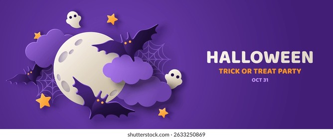 Happy Halloween banner party invitation background with clouds, bats in night sky and full moon in paper cut style. Vector illustration. Place for text. Spooky ghost in clouds fog poster template
