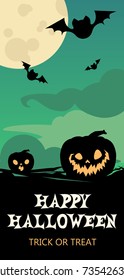 Happy Halloween banner or party invitation background with night clouds. Vector illustration. Moon in the sky, flying bats and pumpkin. Place for text