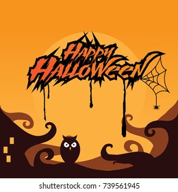 Happy Halloween banner or party invitation background with night clouds and pumpkins. Vector illustration. Full moon in the sky, spiders web and flying bats. Place for text