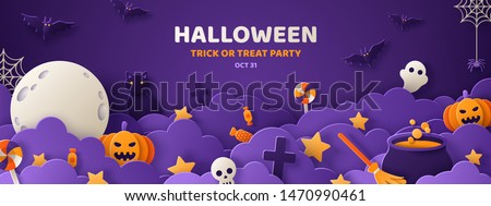 Happy Halloween banner or party invitation background with night clouds and pumpkins in paper cut style. Vector illustration. Full moon in the sky, spiders web and flying bats. Place for text