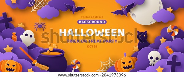 Happy Halloween banner or party invitation\
background with clouds, bats and pumpkins in paper cut style.\
Vector illustration. Full moon in orange sky, spiders web and witch\
cauldron. Place for text