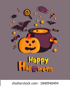 Happy Halloween Banner Party Invitation.Bright Greeting Card.Funny Pumpkin,Bats,Boiling Pot Cauldron, Candies,Sweet,Lollipop.Text Handwritten Calligraphy.Halloween Celebration.Flat Vector Illustration