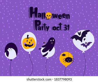 Happy Halloween Banner , Party Invitation.Orange Bright Greeting Card.Balloons with Funny Ghosts,Pumpkin, Bats,Spiders,Cat.Text Handwritten Calligraphy.Happy Halloween Celebration. Vector Illustration