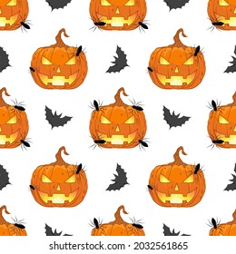 Happy Halloween banner or party invitations background with pumpkin jack o lantern in the sky and flying bats vecter illustrations pattern. 