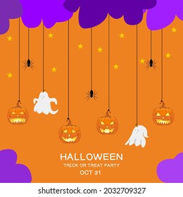 Happy Halloween banner or party invitations background with pumpkin jack o lantern in the sky and flying bats vecter illustrations.  Place for text.