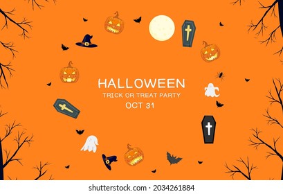 Happy Halloween banner or party invitations background with pumpkin jack o lantern in the sky and flying bats vecter illustrations.  Place for text.