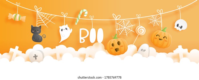 Happy Halloween banner. Halloween party in paper cut style.