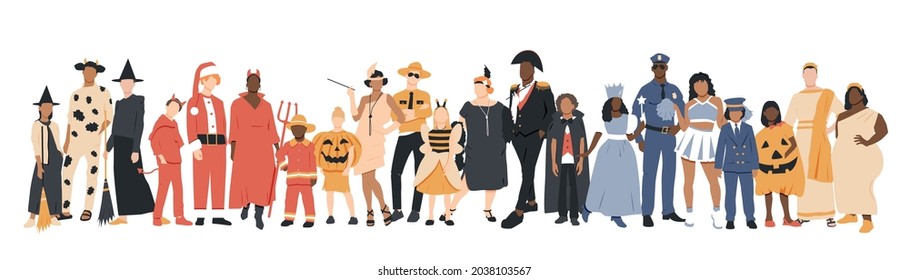 Happy Halloween banner. People in different costumes.