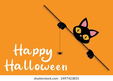 Happy Halloween banner with playful black cat with a spider on orange background. Perfect for halloween greetings, festive decor, party  invitation, banner or poster template