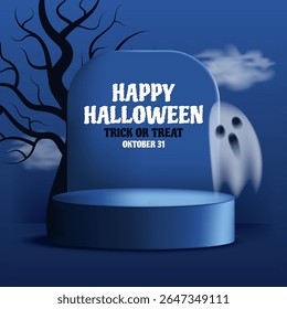 Happy Halloween banner with podium, ghost, tree and spooky sky. Trick or treat design for holiday template flat style dark blue background. Vector illustration