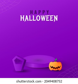 happy halloween banner with podium product display, pumpkin, and tombstone decorations