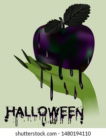 Happy halloween banner. Poisoned apple and witch, vector illustration