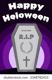 Happy Halloween banner. Postcard from gravestones on a moonlit night before Halloween. Vector illustration.