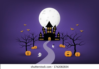 Happy Halloween banner or poster background with big moon and silhouette ghost castle, pumpkin, bare tree and bit in paper cut style.