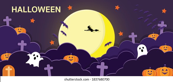 Happy Halloween banner or poster background on night clouds with orange pumpkins cross ghost star flying bats and the witch on the moon in paper cut style.