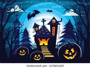 Happy Halloween banner or poster background with blue moon clouds, bats, and scary pumpkins in flat Vector illustration style.Full moon in blue-white sky, spider web and witch cauldron with text