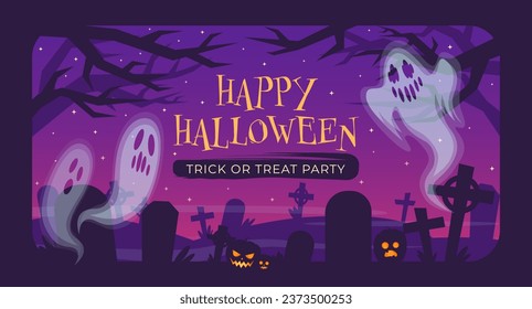 Happy Halloween banner, poster, flyer or background invitation to a party. Cemetery with dark graves, pumpkins and ghosts on the dark background with trees and night sky. Purple color.