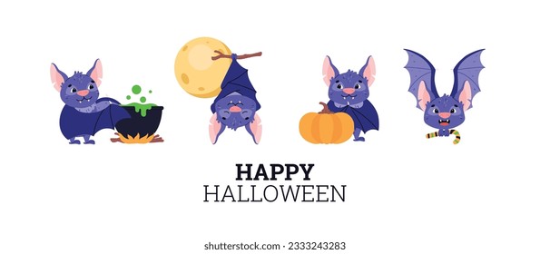 Happy Halloween banner or poster with funny bats flat cartoon vector illustration on white background. Halloween banner design with bats comic characters.