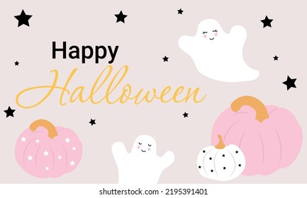 Happy Halloween banner, poster, greeting card or party invitation background. Cute white ghosts, pink pumpkins hand-drawn vector  illustration. 