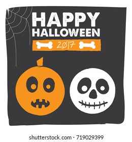Happy Halloween banner poster invite post with cute doodle pumpkin and skeleton bones and dark background