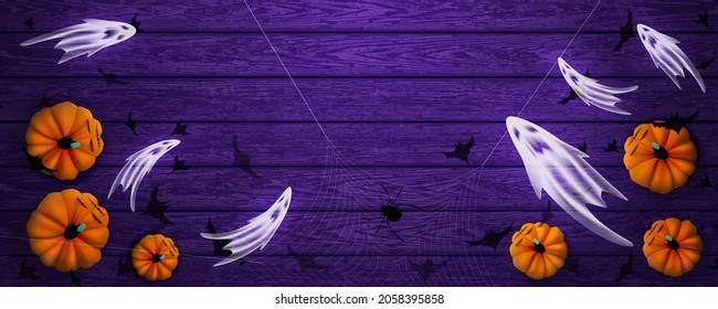 Happy Halloween banner, poster or party invitation purple wood background with spiders web, flying bats, ghost and pumpkins. Vector illustration
