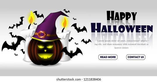 happy Halloween banner poster with pumpkin and magic hat with candles and bats. Halloween party gradient vector design illustrations.