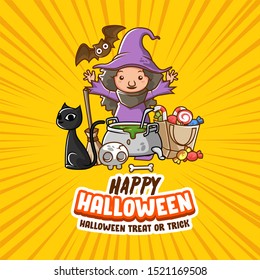 Happy Halloween banner poster for social media and website. witch, black cat, bat, candy illusrtation. flat vector design.