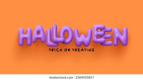 Happy Halloween banner and poster. Halloween trick or treating purple lettering text on orange background. Inscription Realistic 3d design in plastic style. Vector illustration