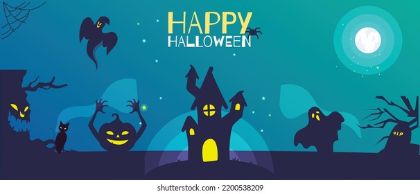 Happy Halloween banner with pumkin and horror house illustration 