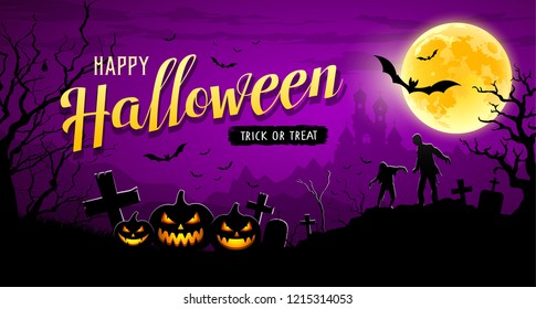 Happy Halloween banner pumpkin with bat and tree on moon night purple background, Vector illustrations