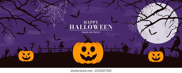 Happy Halloween banner. Pumpkin, bat, tombstone, grave, cross. Vector illustration.