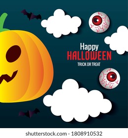 happy halloween banner, with pumpkin, bats flying and scary eyeballs in paper cut style vector illustration design