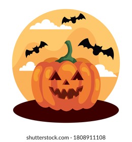 happy halloween banner and pumpkin with bats flying vector illustration design